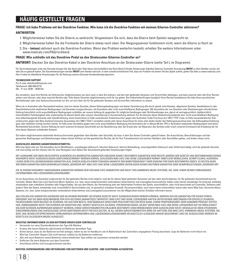 Häufig gestellte fragen | Rock Band Fender STRATOCASTER Wii User Manual | Page 18 / 35