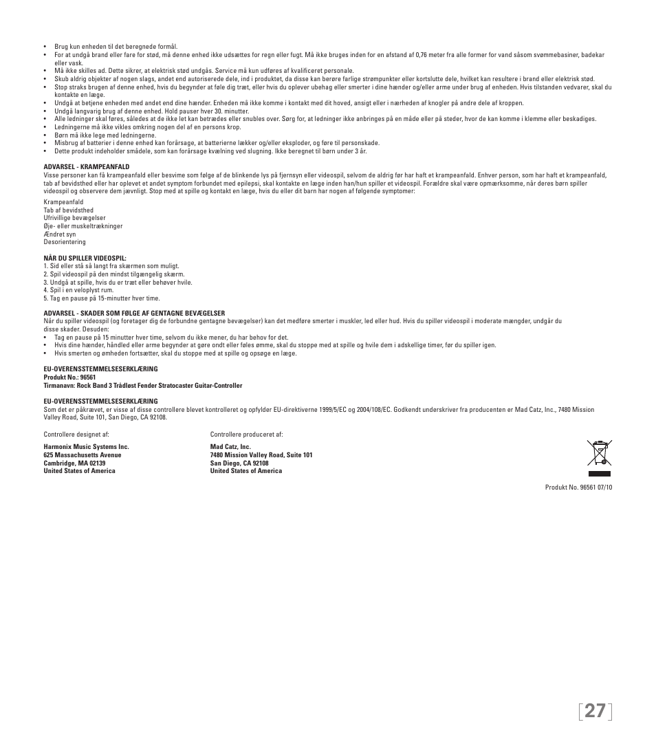 Rock Band Fender STRATOCASTER Wii User Manual | Page 27 / 35