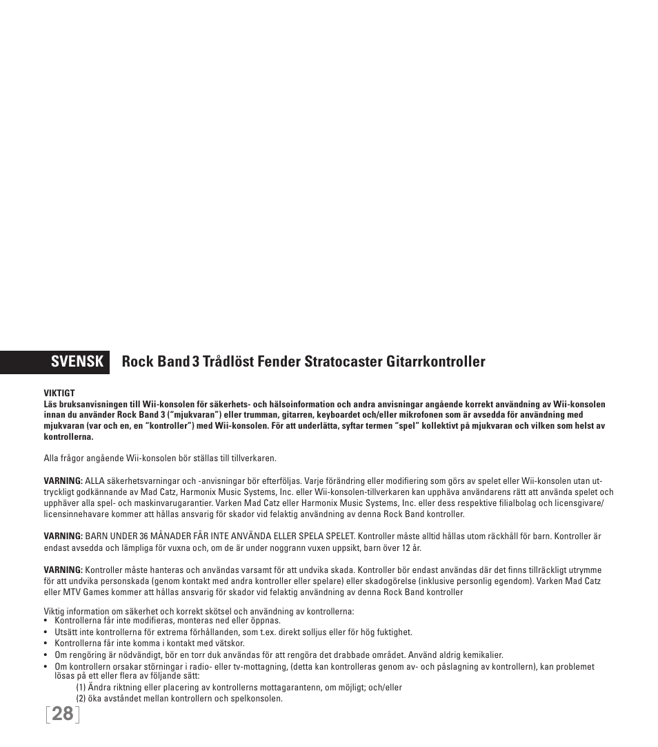 Svensk rock band, 3 trådlöst fender stratocaster gitarrkontroller | Rock Band Fender STRATOCASTER Wii User Manual | Page 28 / 35