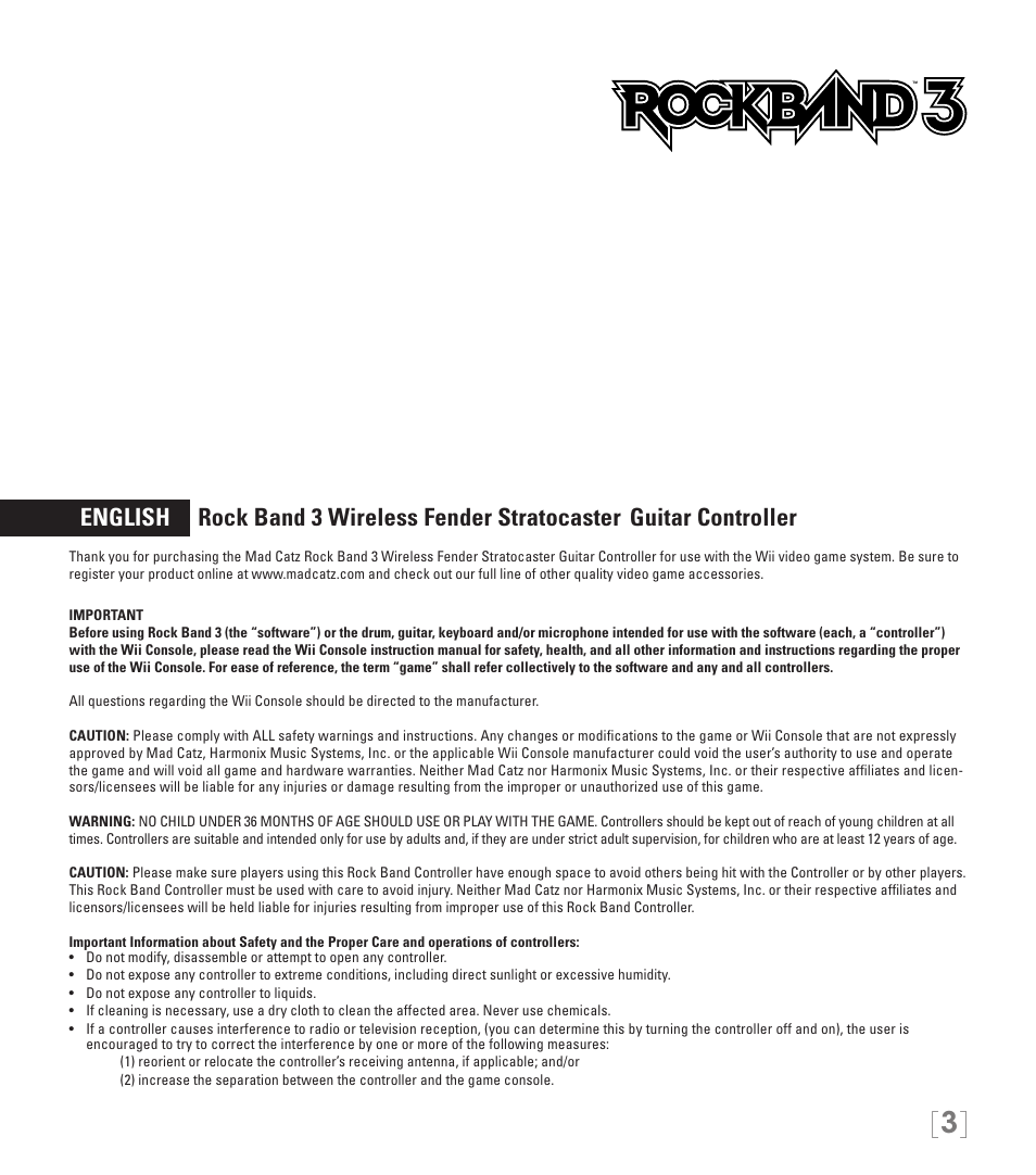 English rock band 3 wireless fender stratocaster, Guitar controller | Rock Band Fender STRATOCASTER Wii User Manual | Page 3 / 35