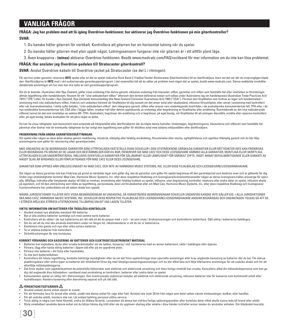 Vanliga frågor | Rock Band Fender STRATOCASTER Wii User Manual | Page 30 / 35