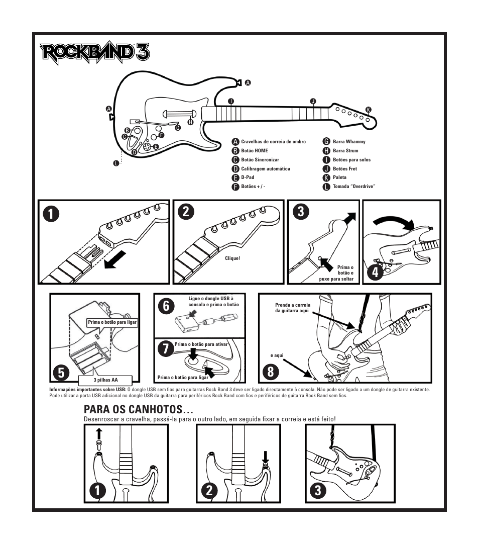Para os canhotos | Rock Band Fender STRATOCASTER Wii User Manual | Page 33 / 35