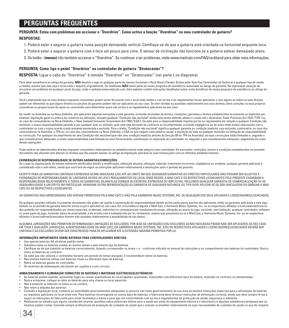 Perguntas frequentes | Rock Band Fender STRATOCASTER Wii User Manual | Page 34 / 35