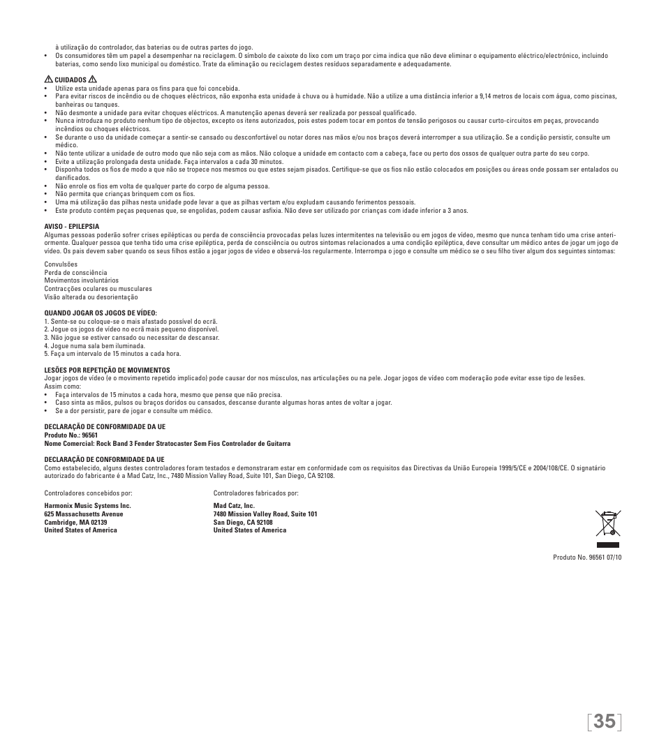 Rock Band Fender STRATOCASTER Wii User Manual | Page 35 / 35