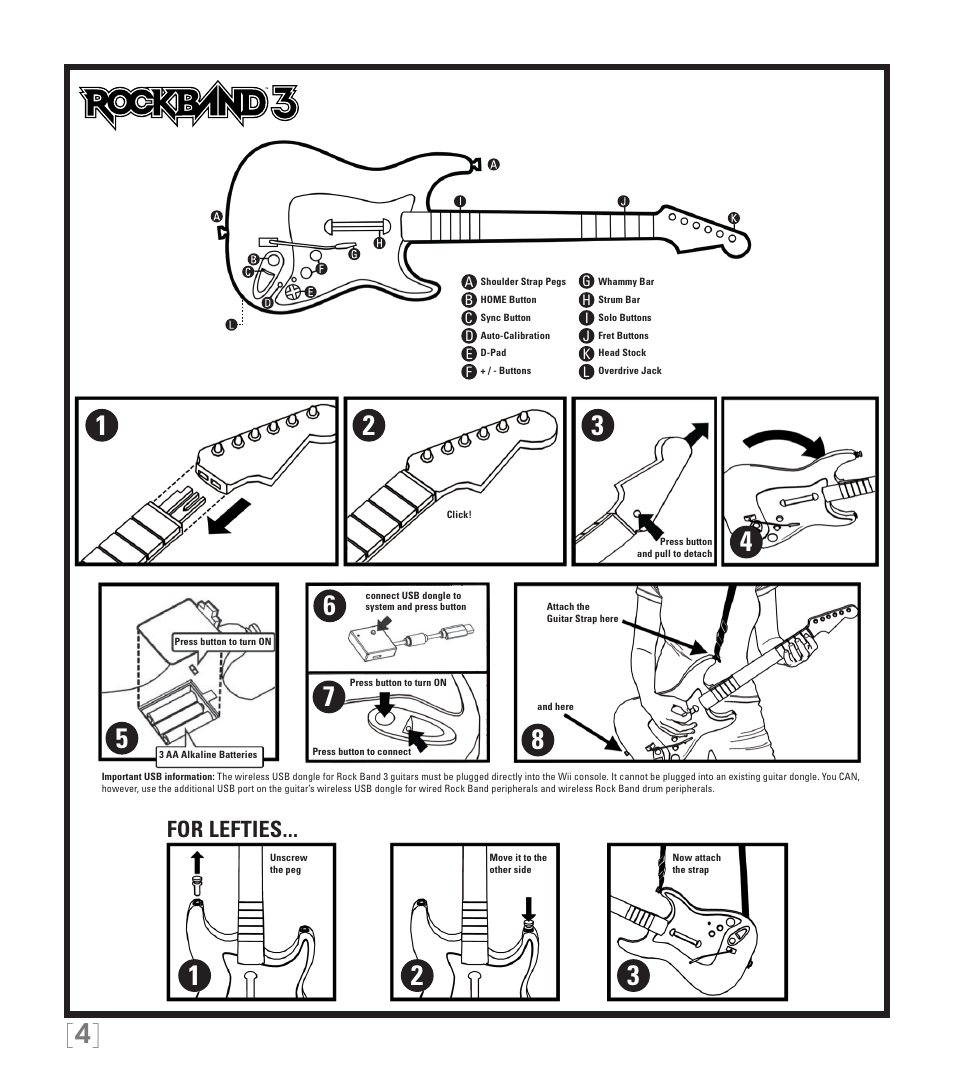 For lefties | Rock Band Fender STRATOCASTER Wii User Manual | Page 4 / 35