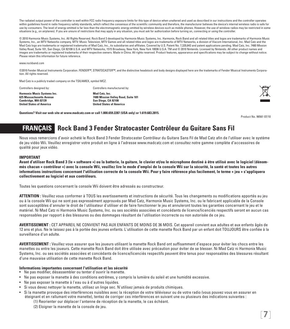 Rock Band Fender STRATOCASTER Wii User Manual | Page 7 / 35