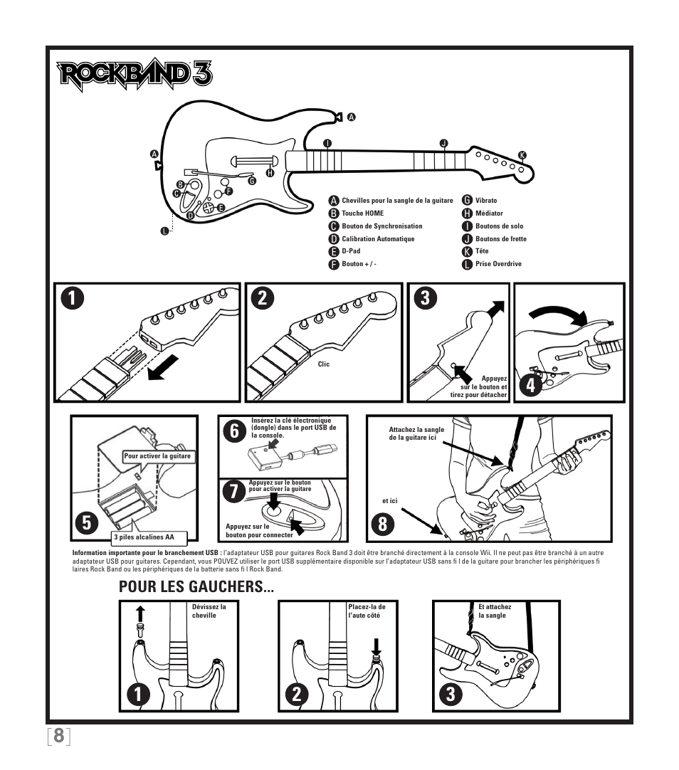 Pour les gauchers | Rock Band Fender STRATOCASTER Wii User Manual | Page 8 / 35