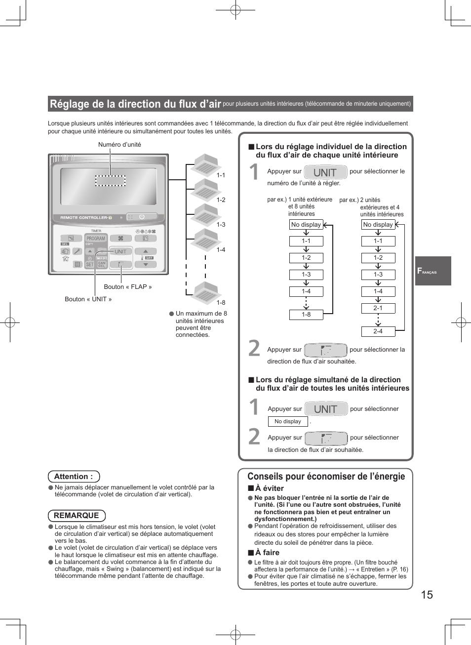 Réglage de la direction du fl ux d’air, Conseils pour économiser de l’énergie | Panasonic S100PT2E5 User Manual | Page 15 / 100