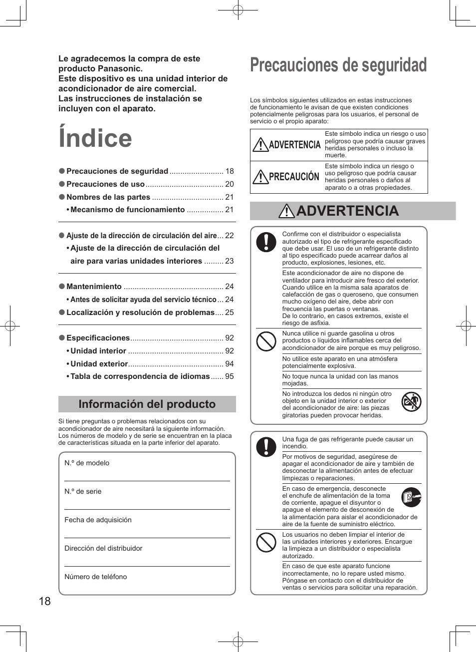 Índice, Precauciones de seguridad, Información del producto | Advertencia, Precaución | Panasonic S100PT2E5 User Manual | Page 18 / 100