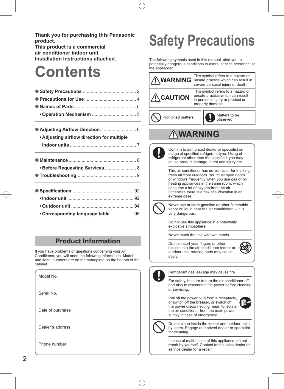 Contents safety precautions, Product information, Warning | Caution | Panasonic S100PT2E5 User Manual | Page 2 / 100