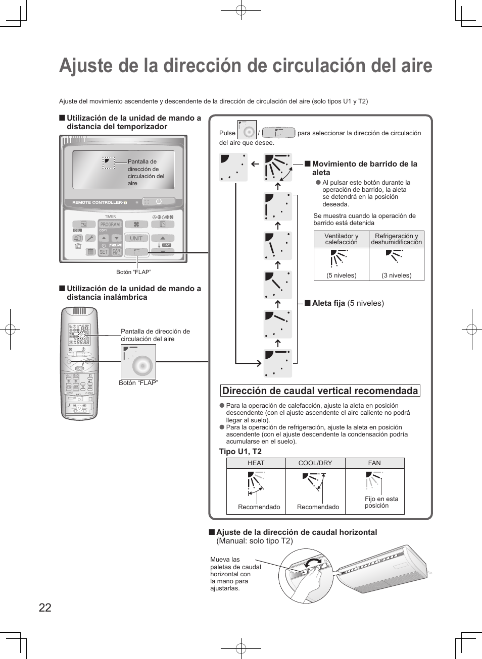 Ajuste de la dirección de circulación del aire, Dirección de caudal vertical recomendada | Panasonic S100PT2E5 User Manual | Page 22 / 100