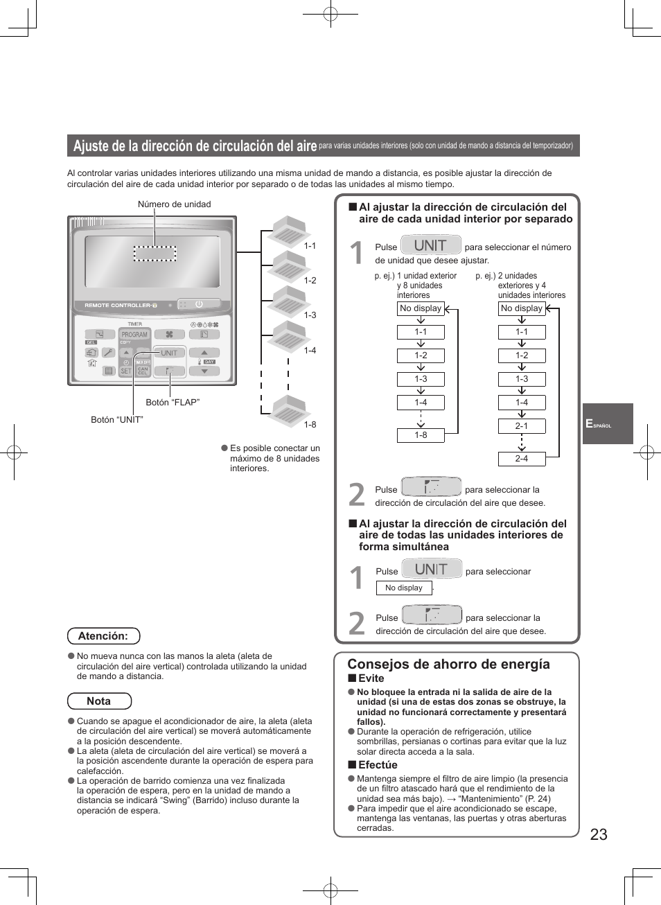 Ajuste de la dirección de circulación del aire, Consejos de ahorro de energía | Panasonic S100PT2E5 User Manual | Page 23 / 100