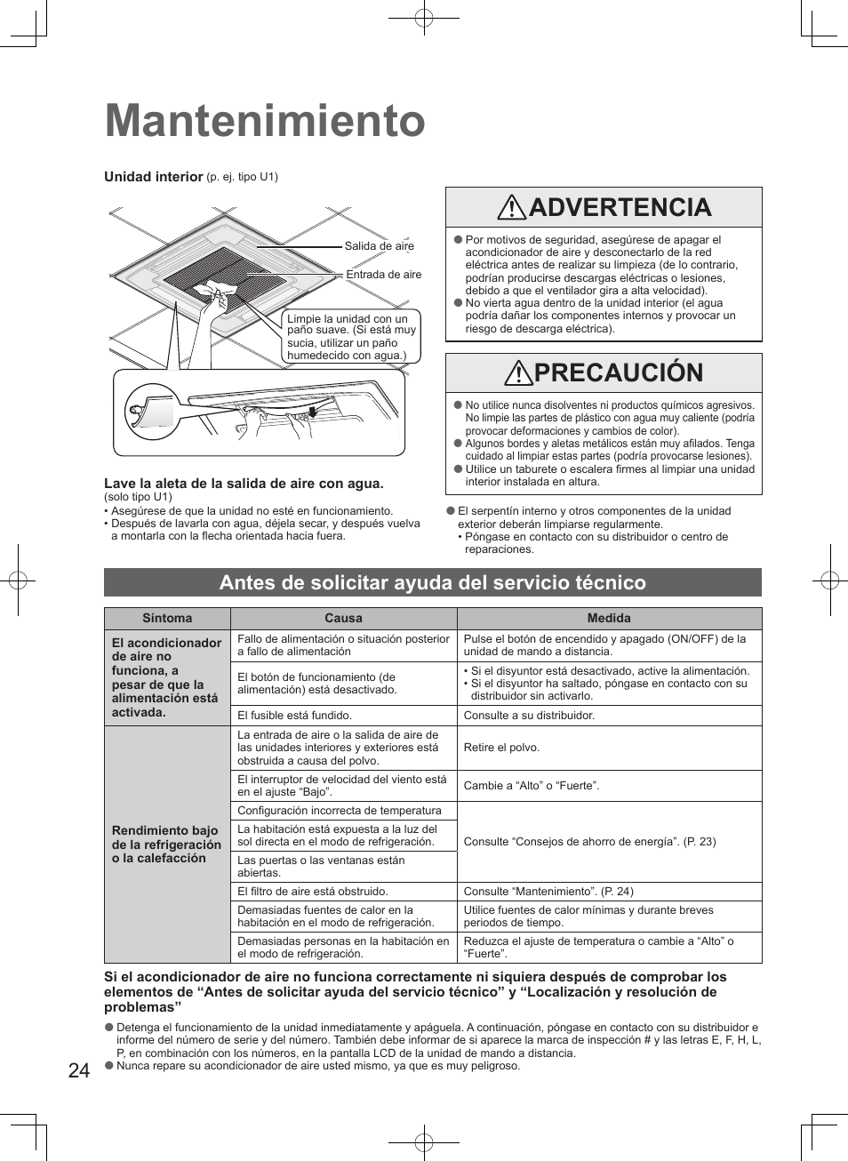 Mantenimiento, Advertencia, Precaución | Antes de solicitar ayuda del servicio técnico | Panasonic S100PT2E5 User Manual | Page 24 / 100