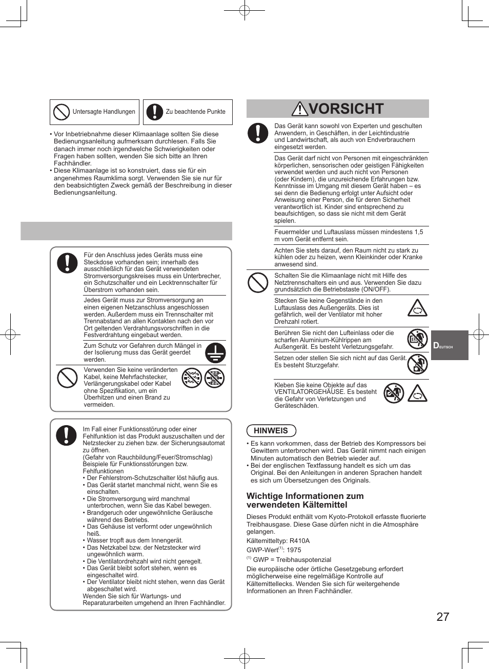 Vorsicht, Wichtige informationen zum verwendeten kältemittel | Panasonic S100PT2E5 User Manual | Page 27 / 100