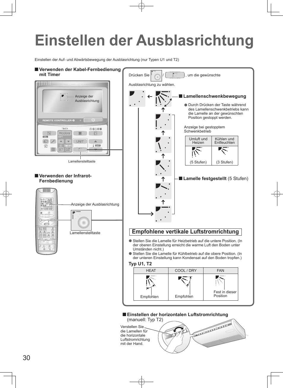 Einstellen der ausblasrichtung, Empfohlene vertikale luftstromrichtung | Panasonic S100PT2E5 User Manual | Page 30 / 100