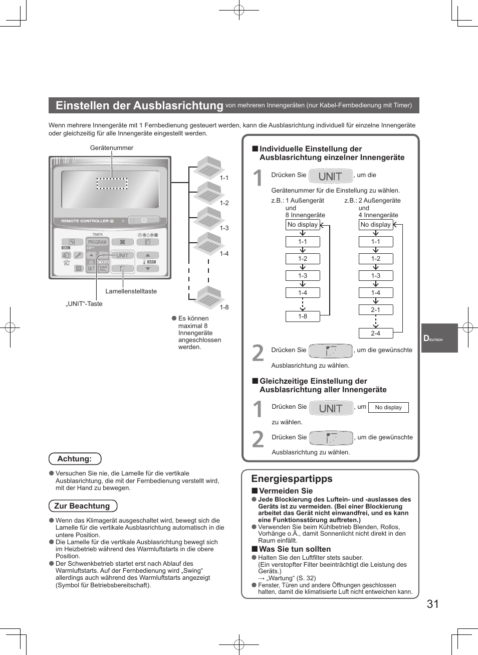 Einstellen der ausblasrichtung, Energiespartipps | Panasonic S100PT2E5 User Manual | Page 31 / 100