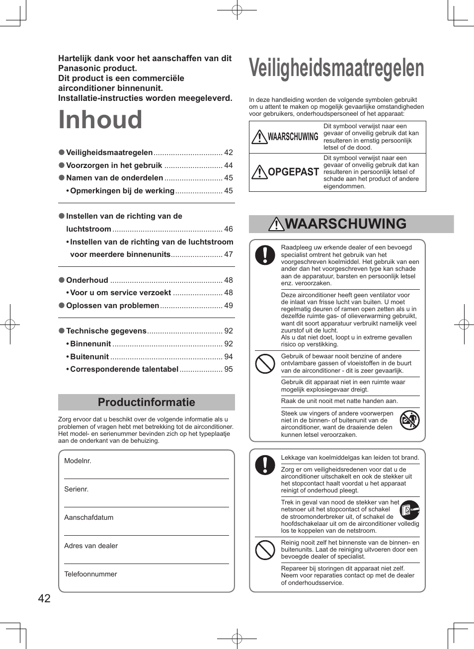 Inhoud veiligheidsmaatregelen, Productinformatie, Waarschuwing | Opgepast | Panasonic S100PT2E5 User Manual | Page 42 / 100