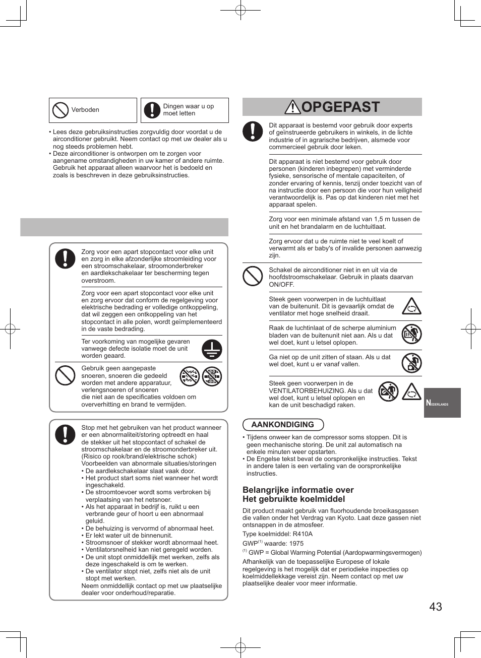 Opgepast | Panasonic S100PT2E5 User Manual | Page 43 / 100