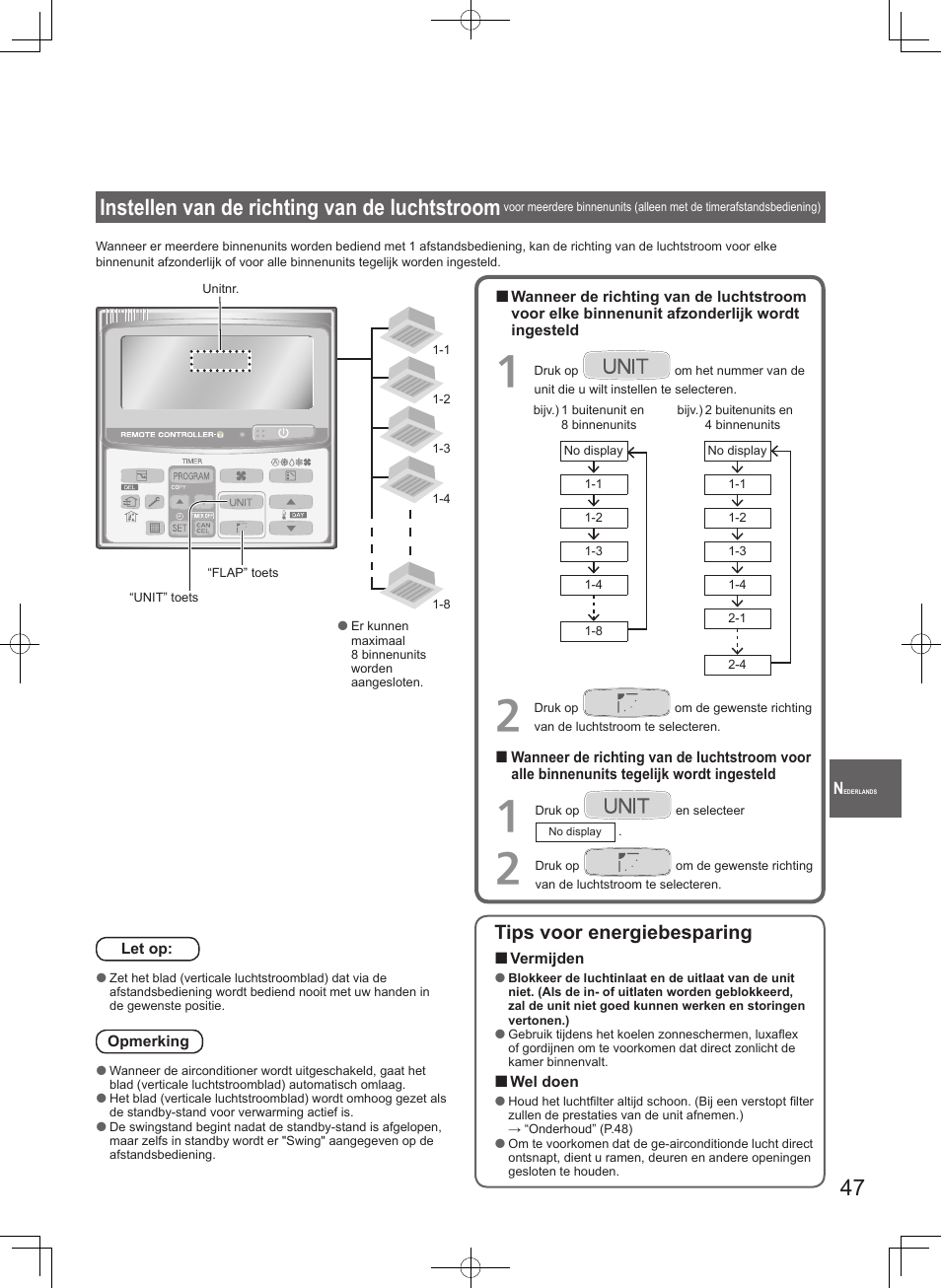 Instellen van de richting van de luchtstroom, Tips voor energiebesparing | Panasonic S100PT2E5 User Manual | Page 47 / 100