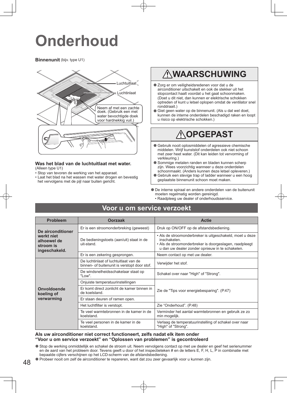 Onderhoud, Waarschuwing, Opgepast | Voor u om service verzoekt | Panasonic S100PT2E5 User Manual | Page 48 / 100