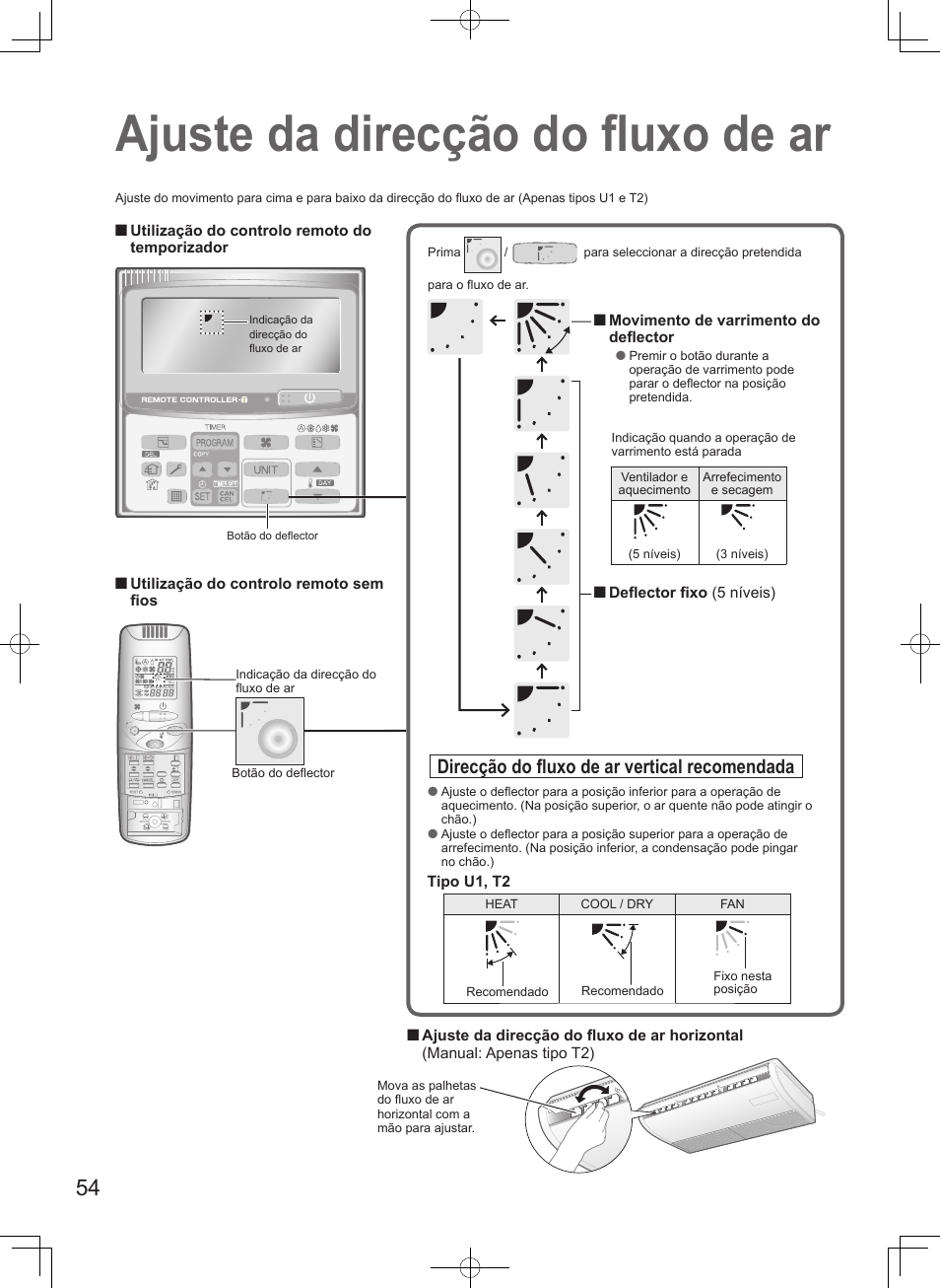 Ajuste da direcção do fl uxo de ar, Direcção do fl uxo de ar vertical recomendada | Panasonic S100PT2E5 User Manual | Page 54 / 100