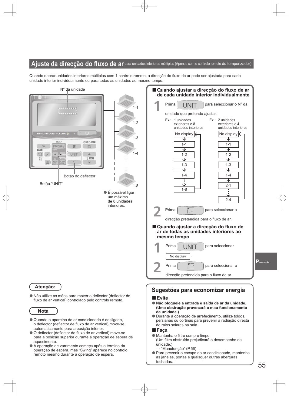 Ajuste da direcção do fl uxo de ar, Sugestões para economizar energia | Panasonic S100PT2E5 User Manual | Page 55 / 100