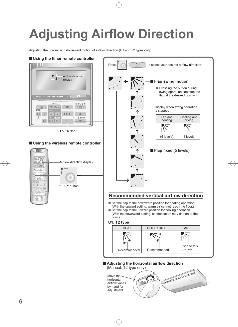 Adjusting airfl ow direction, Recommended vertical airfl ow direction | Panasonic S100PT2E5 User Manual | Page 6 / 100