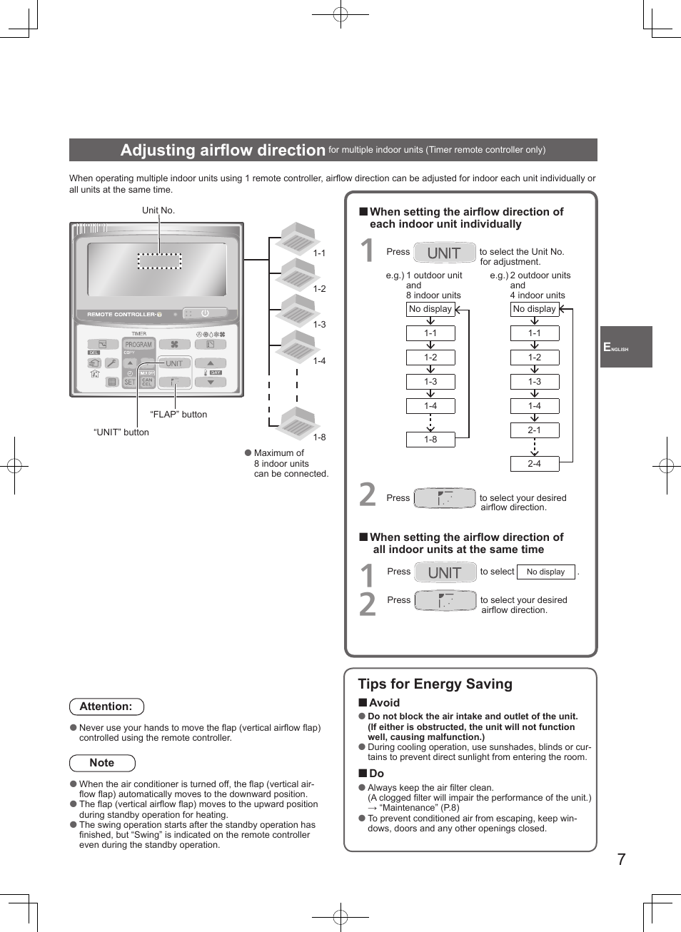 Adjusting airfl ow direction, Tips for energy saving | Panasonic S100PT2E5 User Manual | Page 7 / 100