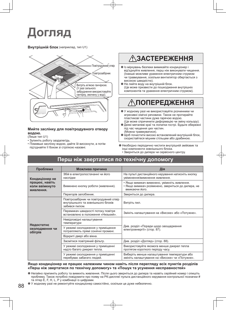 Догляд, Застереження, Попередження | Перш ніж звертатися по технічну допомогу | Panasonic S100PT2E5 User Manual | Page 88 / 100