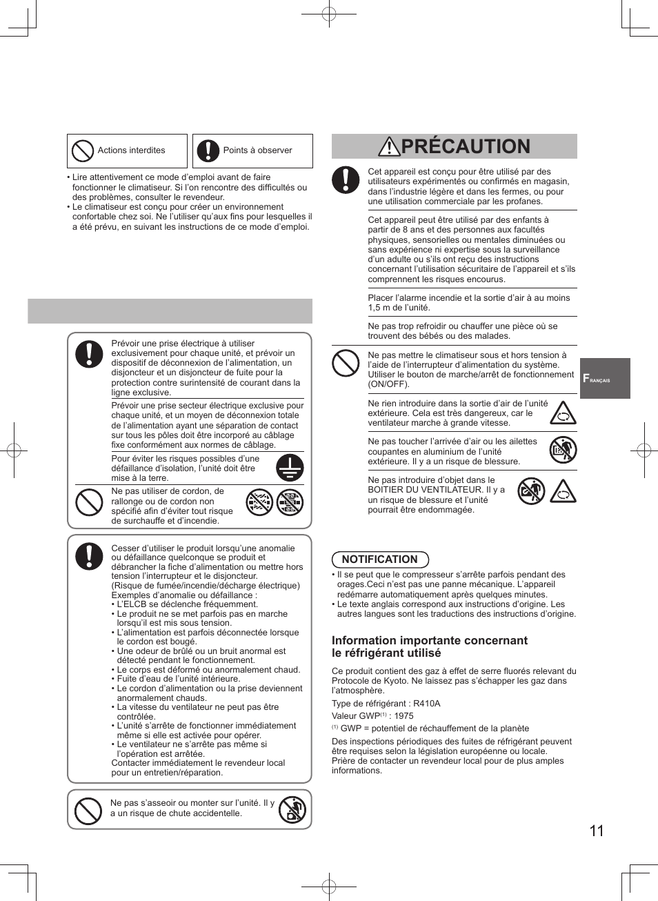 Précaution | Panasonic U140PEY1E8 User Manual | Page 11 / 80