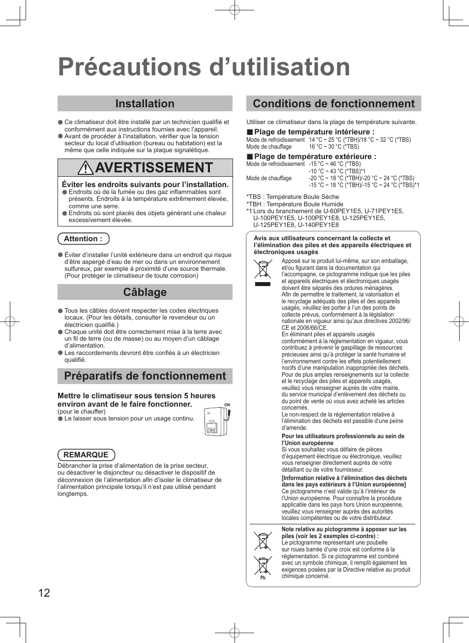 Précautions d’utilisation, Avertissement, Installation | Câblage, Préparatifs de fonctionnement, Conditions de fonctionnement | Panasonic U140PEY1E8 User Manual | Page 12 / 80