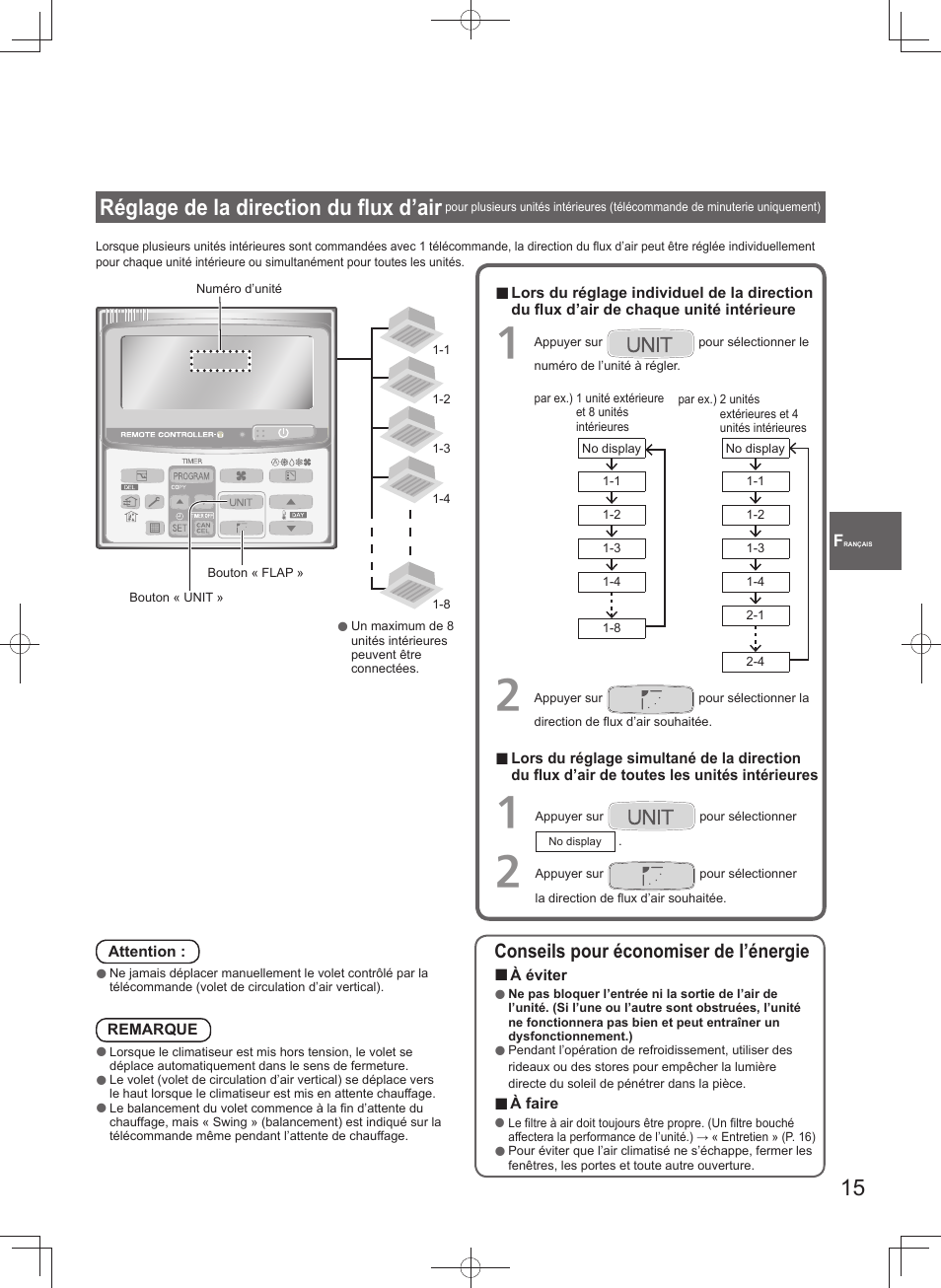 Réglage de la direction du fl ux d’air, Conseils pour économiser de l’énergie | Panasonic U140PEY1E8 User Manual | Page 15 / 80