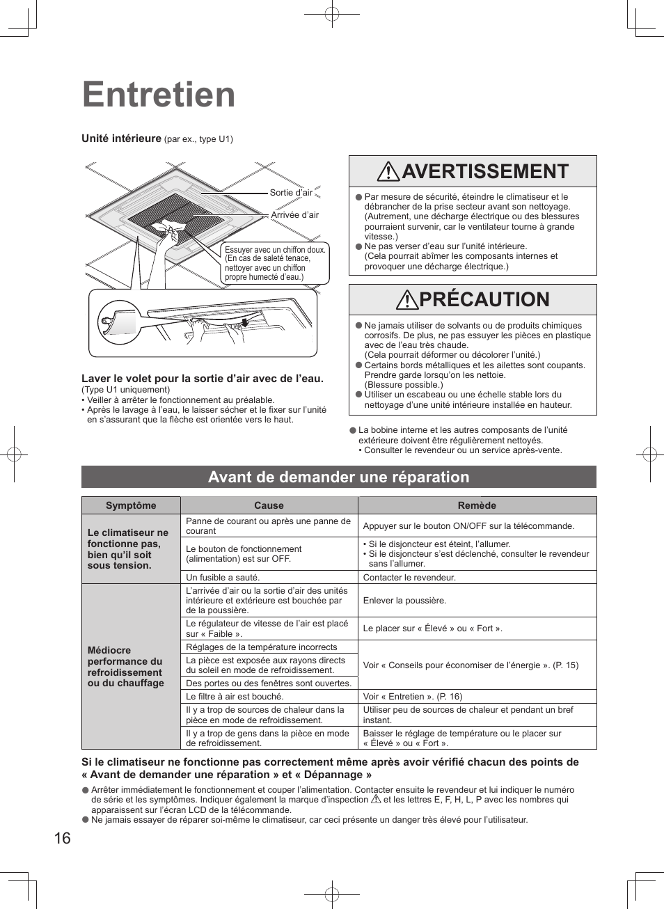 Entretien, Avertissement, Précaution | Avant de demander une réparation | Panasonic U140PEY1E8 User Manual | Page 16 / 80
