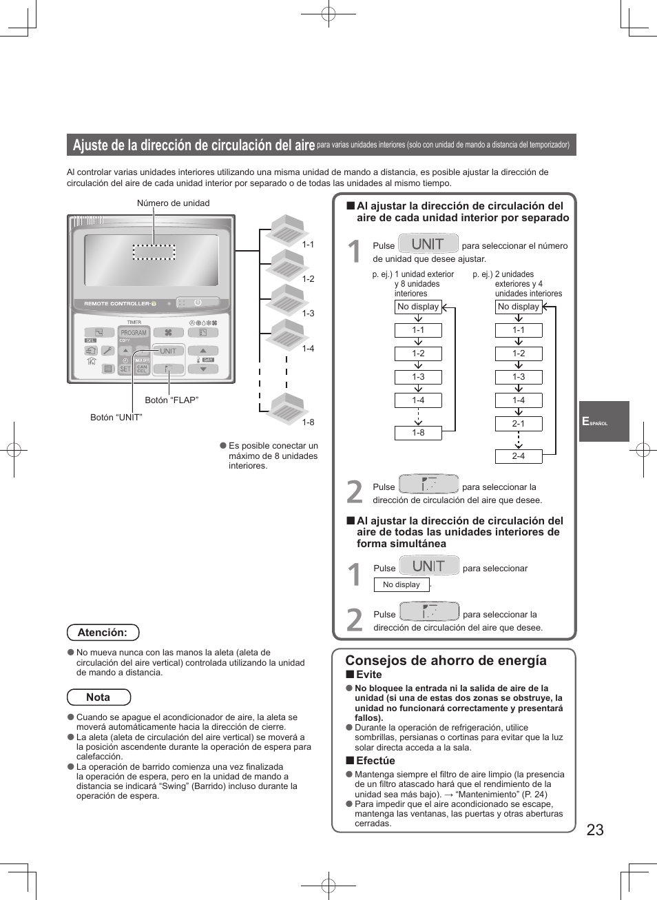 Ajuste de la dirección de circulación del aire, Consejos de ahorro de energía | Panasonic U140PEY1E8 User Manual | Page 23 / 80