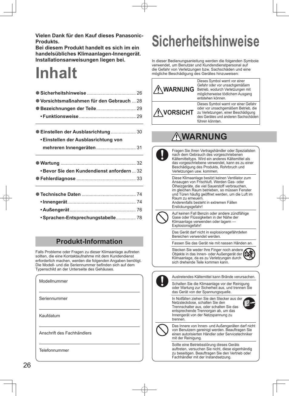 Inhalt sicherheitshinweise, Produkt-information, Warnung | Vorsicht | Panasonic U140PEY1E8 User Manual | Page 26 / 80