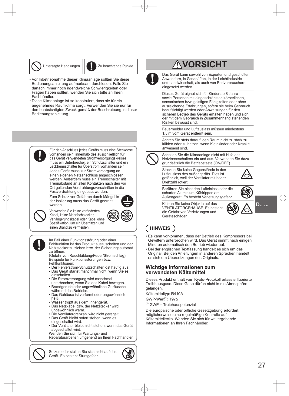 Vorsicht, Wichtige informationen zum verwendeten kältemittel | Panasonic U140PEY1E8 User Manual | Page 27 / 80