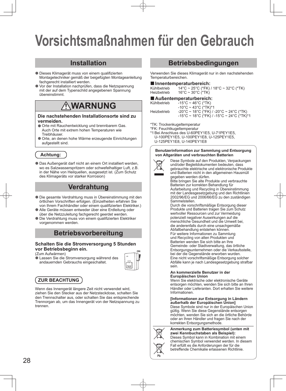 Vorsichtsmaßnahmen für den gebrauch, Warnung, Installation | Verdrahtung, Betriebsvorbereitung, Betriebsbedingungen | Panasonic U140PEY1E8 User Manual | Page 28 / 80