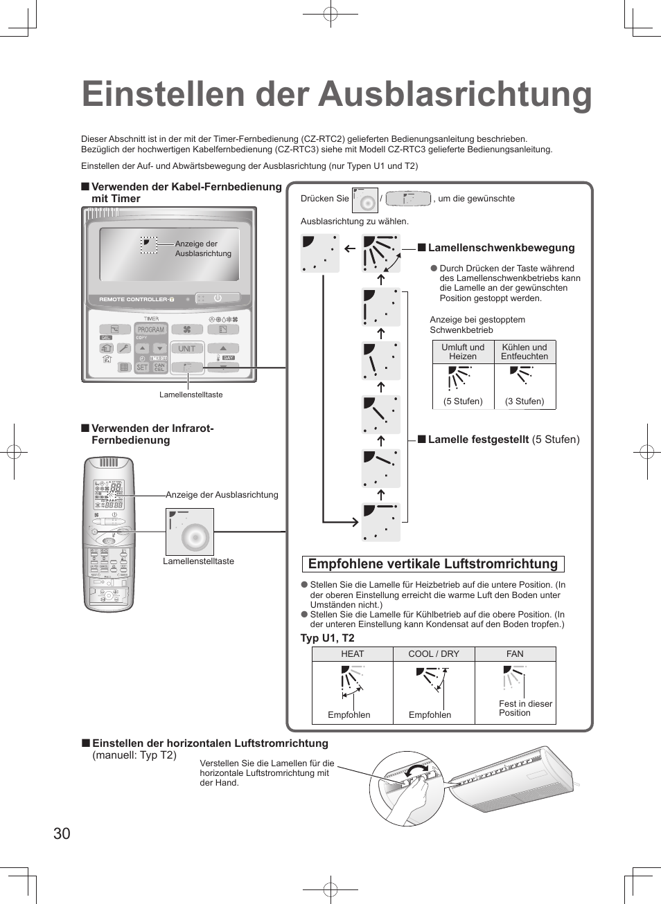 Einstellen der ausblasrichtung, Empfohlene vertikale luftstromrichtung | Panasonic U140PEY1E8 User Manual | Page 30 / 80