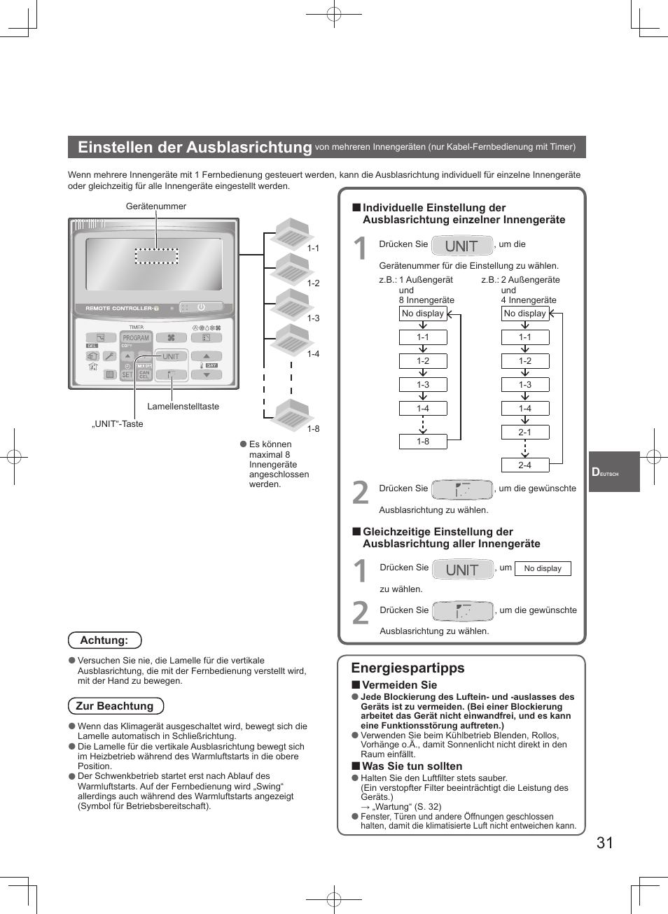 Einstellen der ausblasrichtung, Energiespartipps | Panasonic U140PEY1E8 User Manual | Page 31 / 80