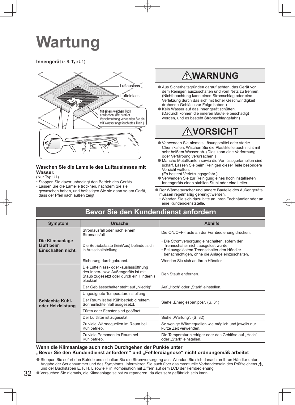 Wartung, Warnung, Vorsicht | Bevor sie den kundendienst anfordern | Panasonic U140PEY1E8 User Manual | Page 32 / 80