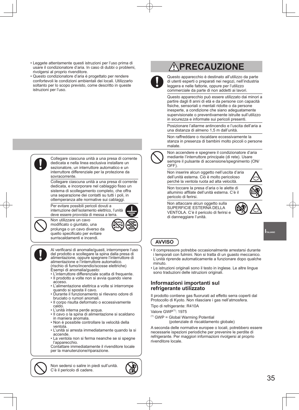 Precauzione | Panasonic U140PEY1E8 User Manual | Page 35 / 80