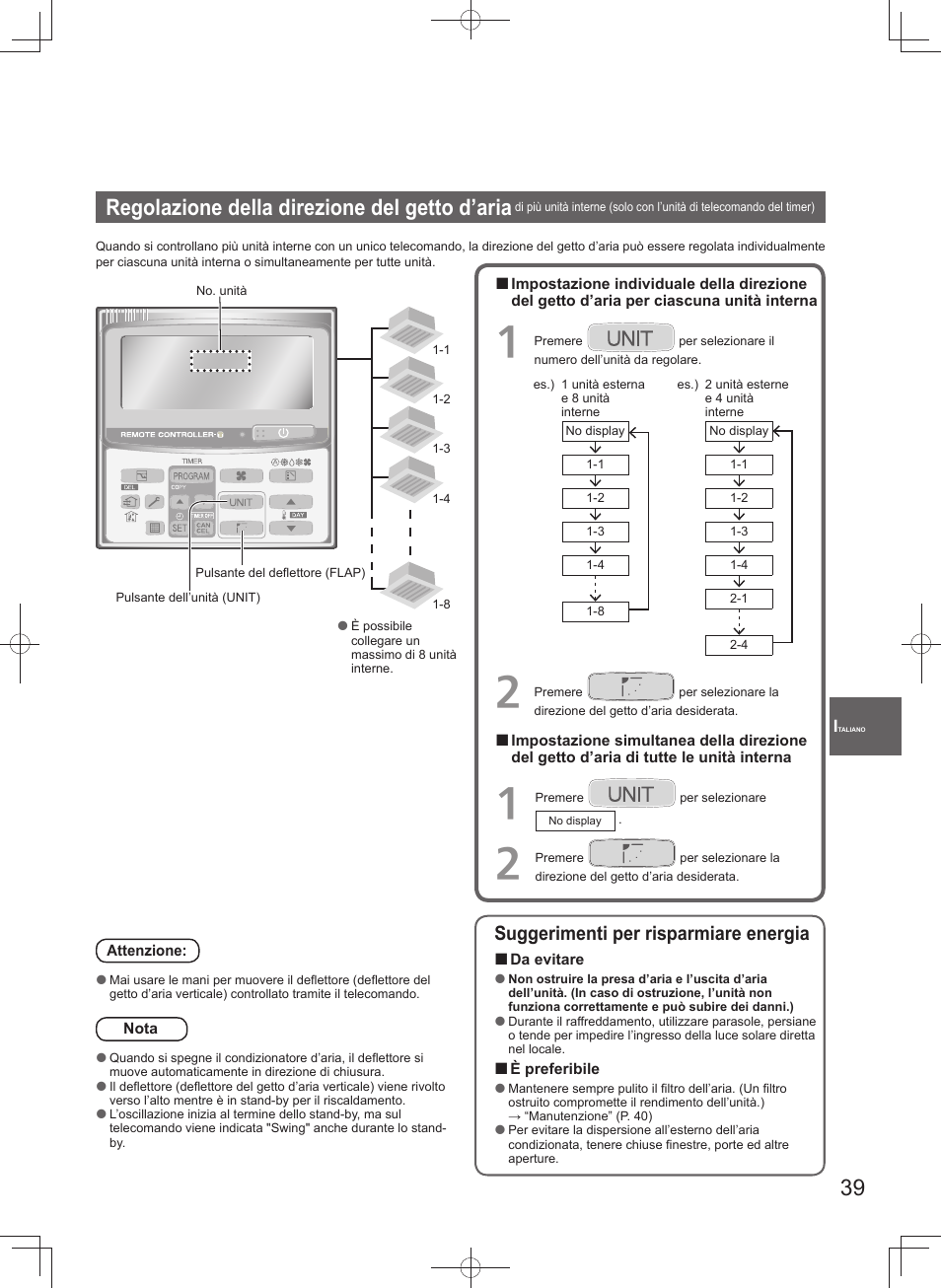 Regolazione della direzione del getto d’aria, Suggerimenti per risparmiare energia | Panasonic U140PEY1E8 User Manual | Page 39 / 80