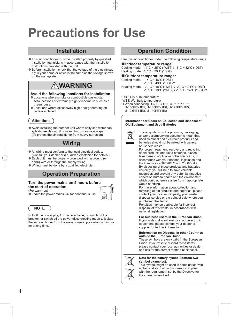 Precautions for use, Warning, Installation | Wiring, Operation preparation, Operation condition | Panasonic U140PEY1E8 User Manual | Page 4 / 80