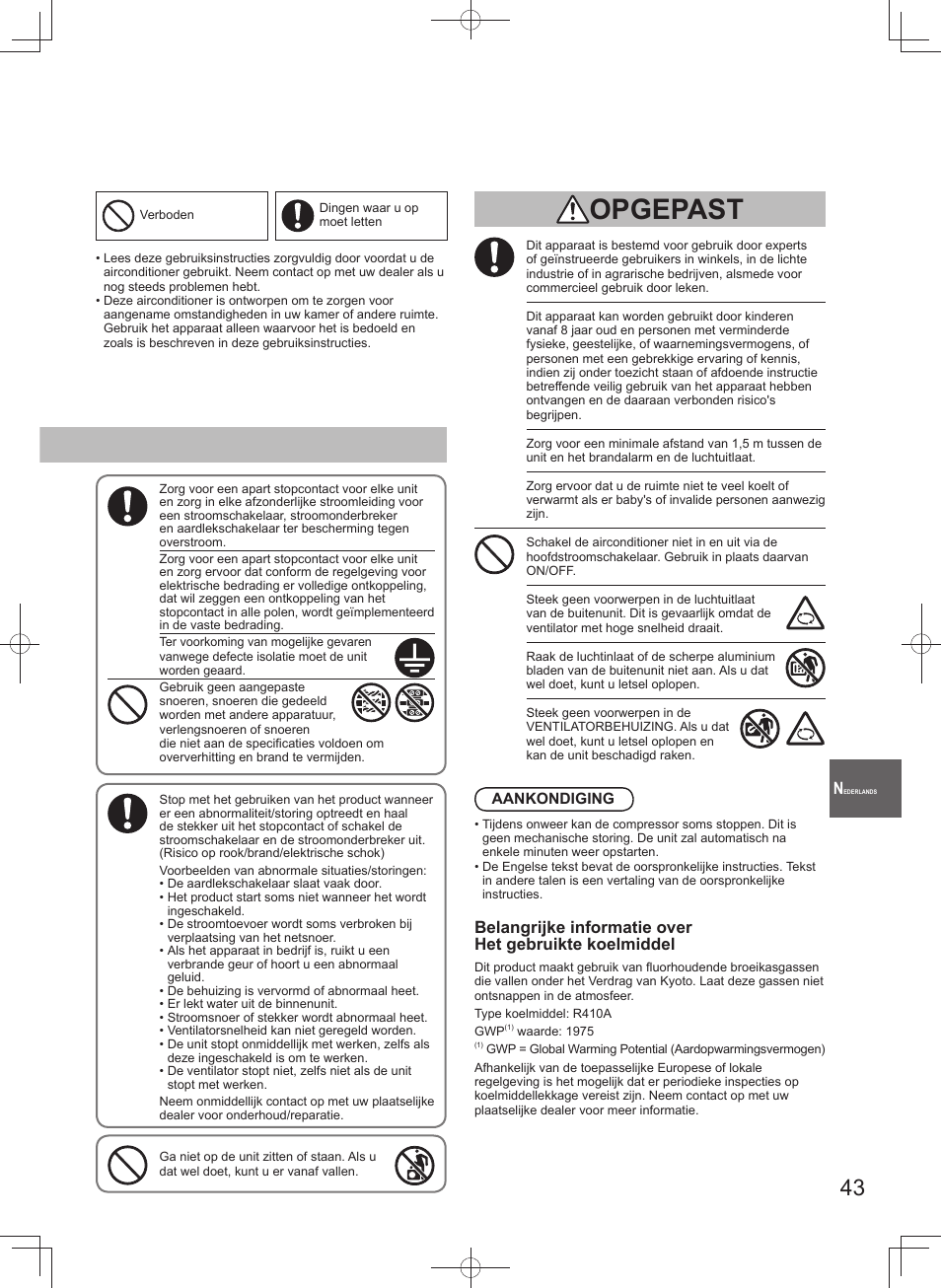 Opgepast | Panasonic U140PEY1E8 User Manual | Page 43 / 80