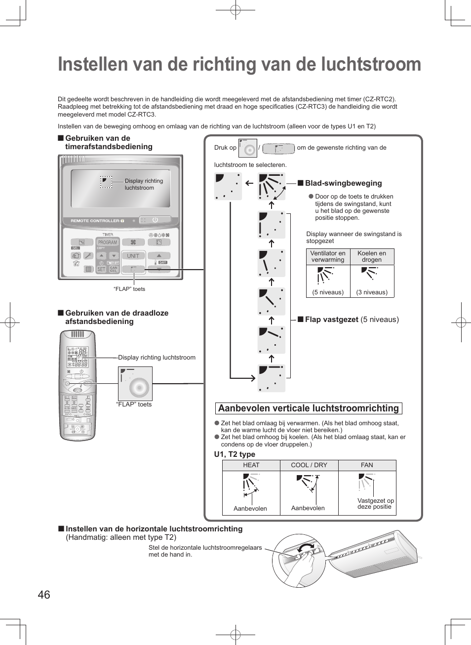 Instellen van de richting van de luchtstroom, Aanbevolen verticale luchtstroomrichting | Panasonic U140PEY1E8 User Manual | Page 46 / 80