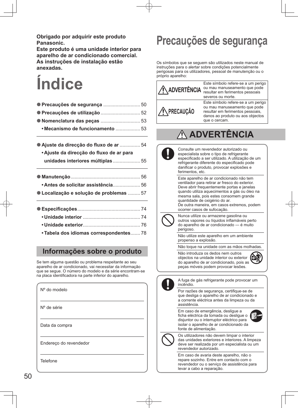 Índice, Precauções de segurança, Informações sobre o produto | Advertência, Precaução | Panasonic U140PEY1E8 User Manual | Page 50 / 80