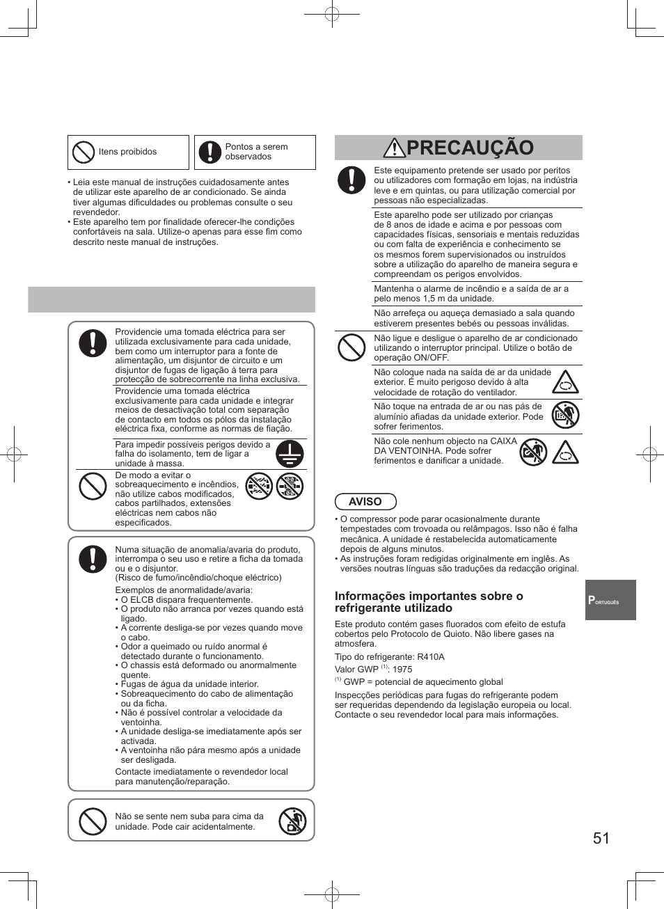 Precaução | Panasonic U140PEY1E8 User Manual | Page 51 / 80