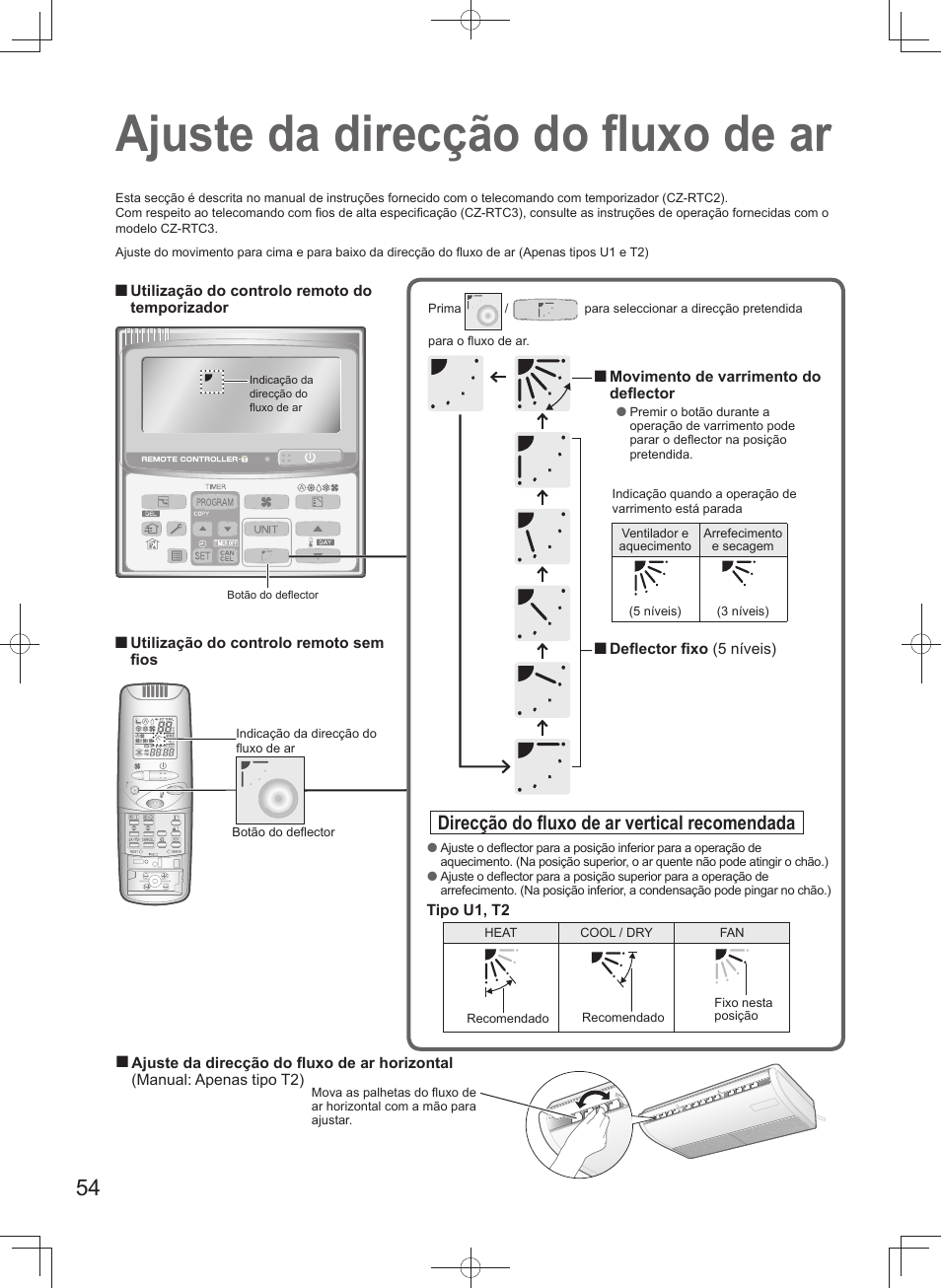 Ajuste da direcção do fl uxo de ar, Direcção do fl uxo de ar vertical recomendada | Panasonic U140PEY1E8 User Manual | Page 54 / 80