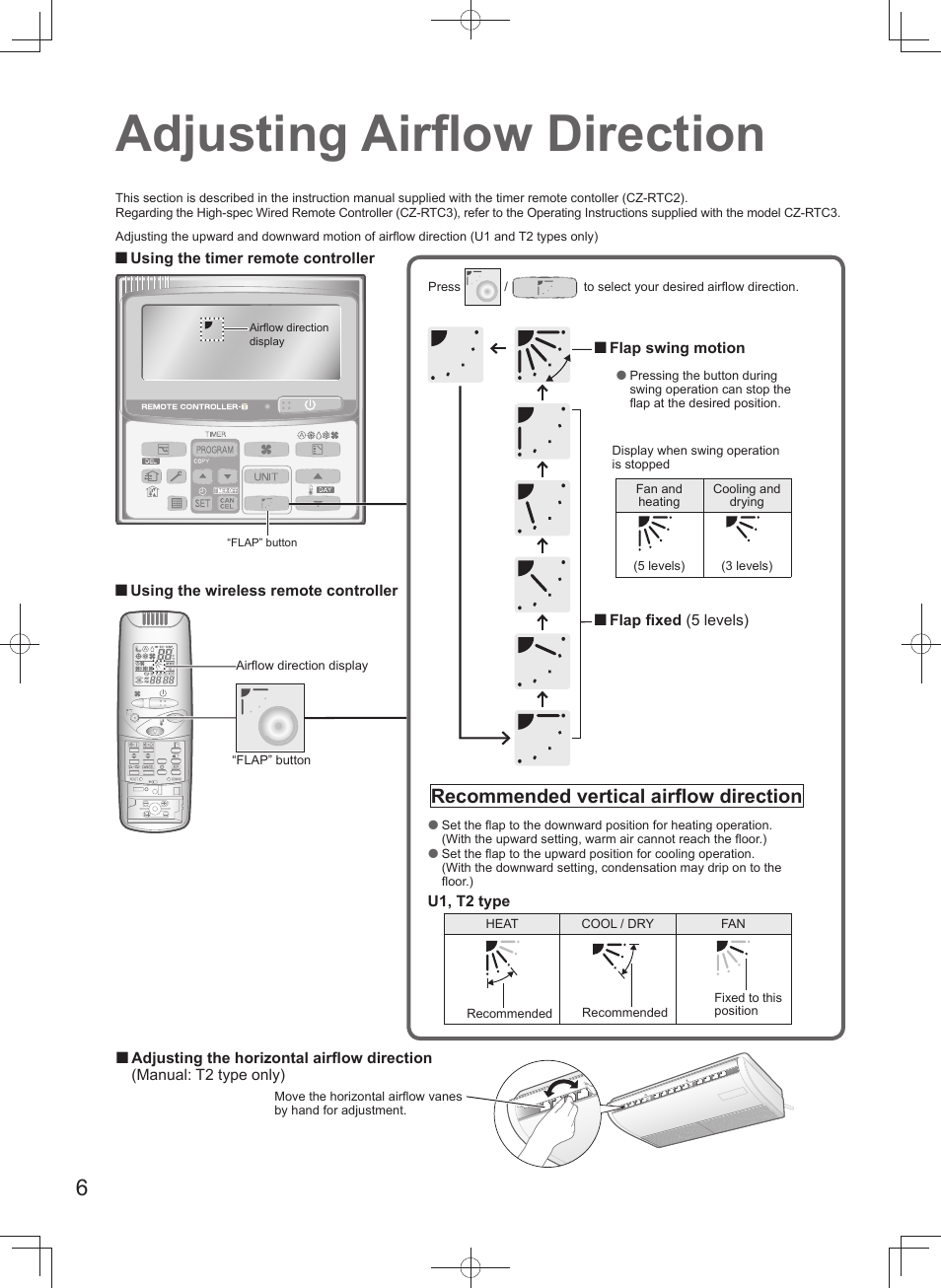 Adjusting airfl ow direction, Recommended vertical airfl ow direction | Panasonic U140PEY1E8 User Manual | Page 6 / 80