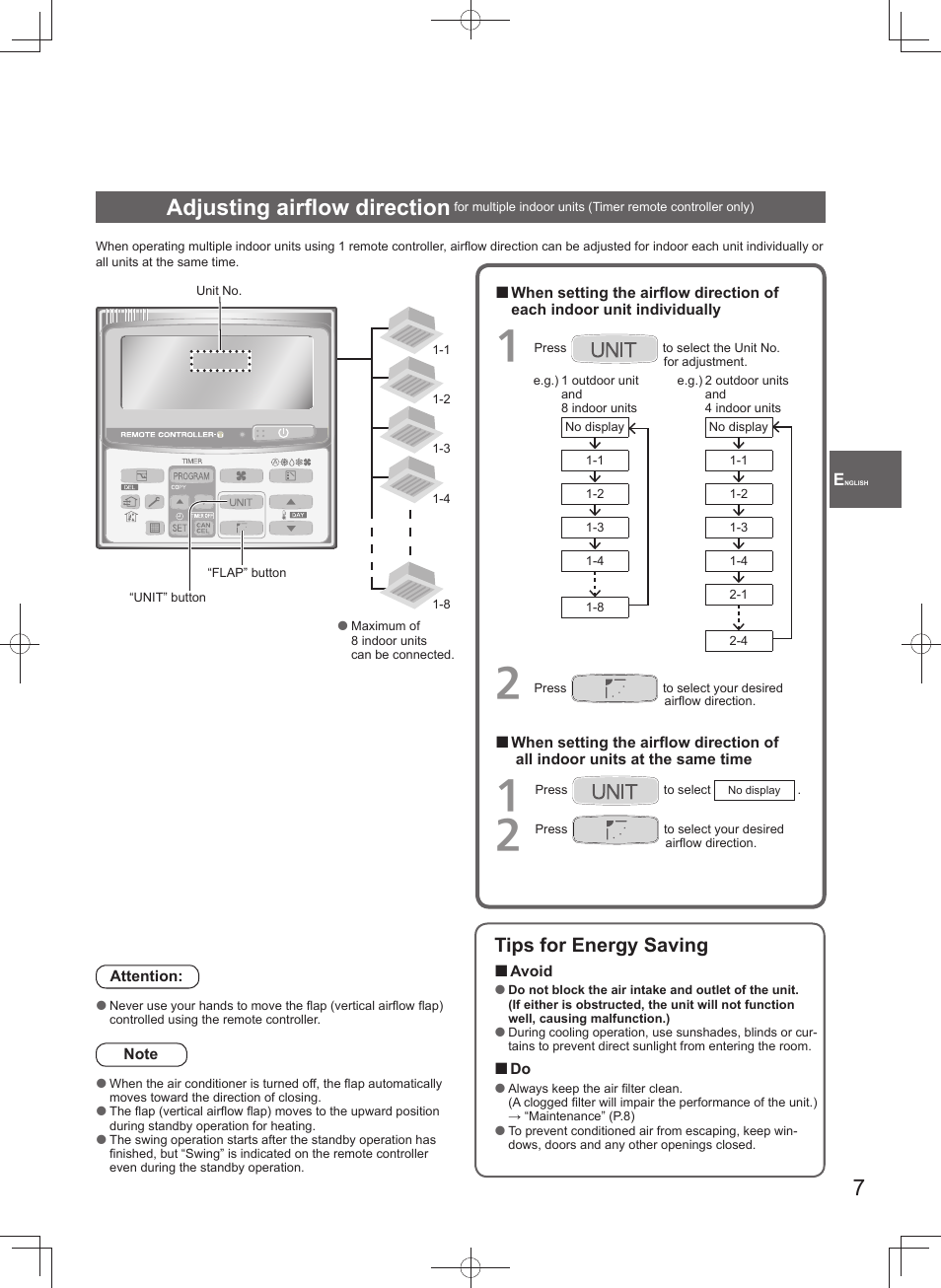Adjusting airfl ow direction, Tips for energy saving | Panasonic U140PEY1E8 User Manual | Page 7 / 80